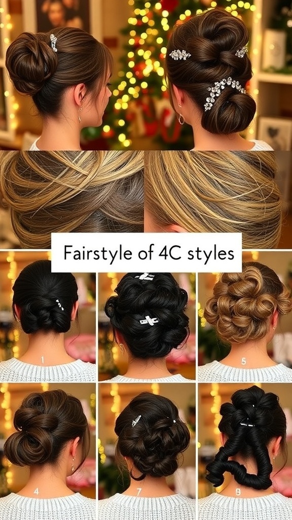 Various Christmas hairstyles for 4C hair including updos, curls, and twists with festive accessories.